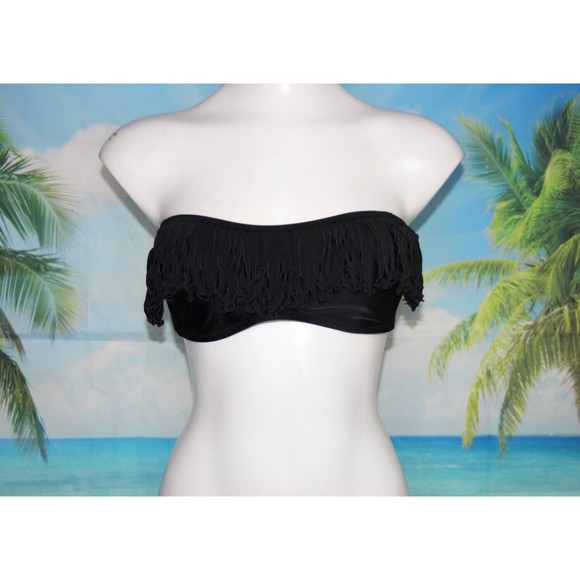 American Eagle AEO Bikini Swim Top Black Fringed Bandeau Tie Back Size M - Picture 1 of 7